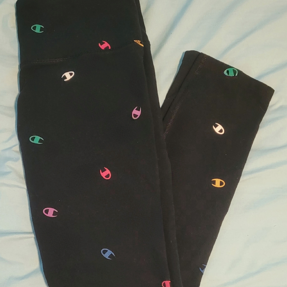 Champion Black Crop Leggings with Multicolor Logo Pattern L